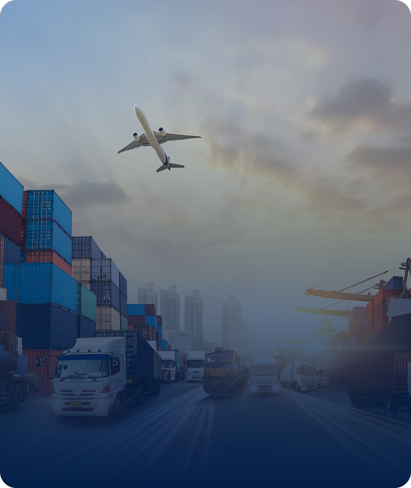 Airplane flying over busy shipping port.