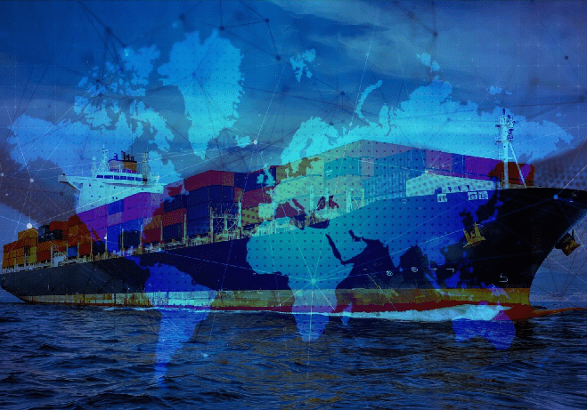Cargo ship with world map overlay.
